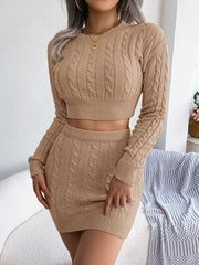 Cable-Knit Round Neck Top and Skirt Sweater Set - Trendsi