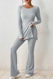 Ribbed Long Sleeve Slit Top and Bootcut Pants Set - Trendsi