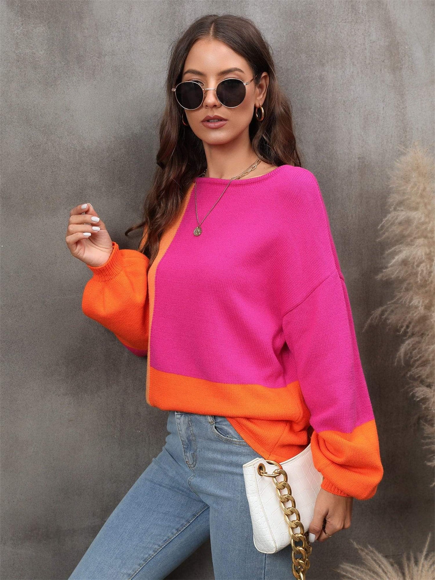 Color Block Round Neck Dropped Shoulder Sweater - Trendsi - Flyclothing LLC