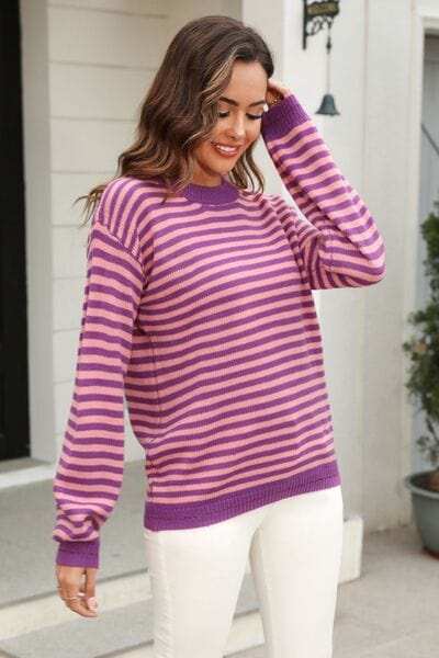 Striped Round Neck Dropped Shoulder Sweater - Trendsi - Flyclothing LLC