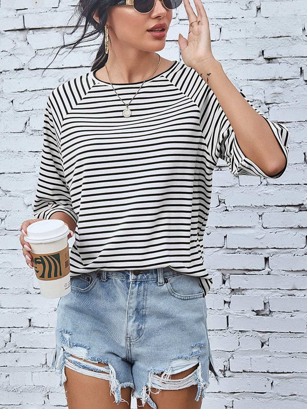 Striped Round Neck Raglan Sleeve T-Shirt - Trendsi - Flyclothing LLC