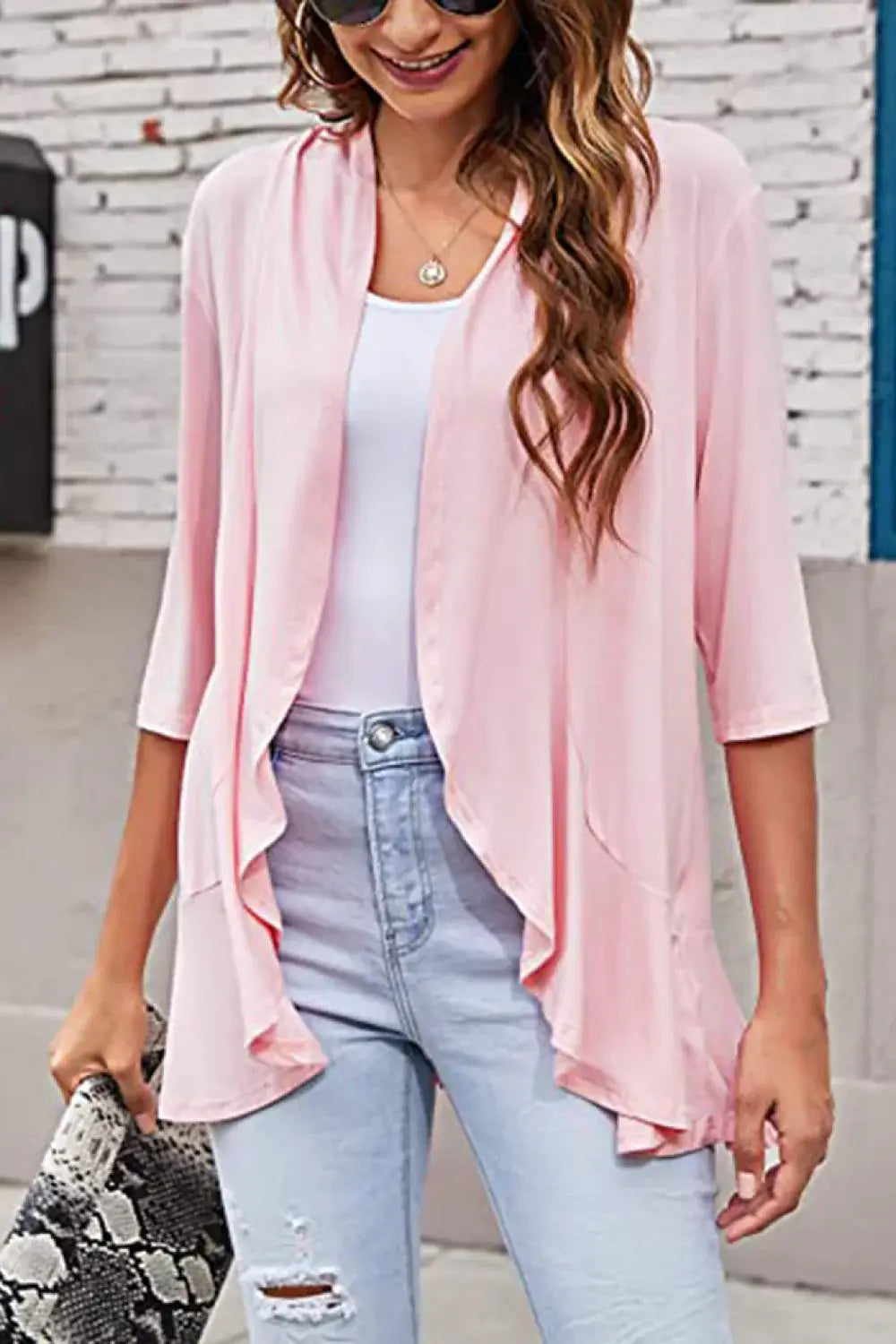 Open Front Ruffle Trim Cardigan - Trendsi - Flyclothing LLC