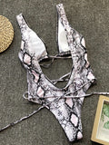 Lace-Up Backless Plunge One-Piece Swimwear - Trendsi