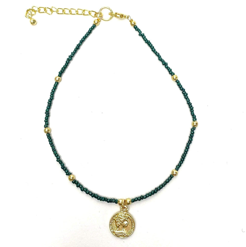 Dark Green Glass Bead Choker with Brass Coin Pendant - Asha Handicrafts