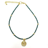 Dark Green Glass Bead Choker with Brass Coin Pendant - Asha Handicrafts