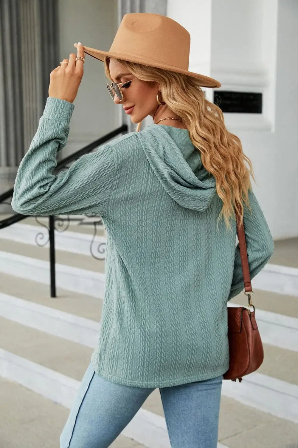 Cable-Knit Long Sleeve Hoodie - Trendsi - Flyclothing LLC