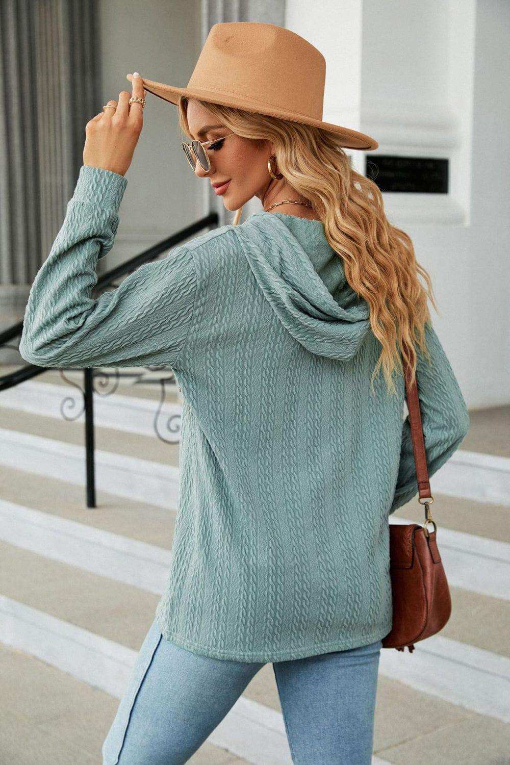 Cable-Knit Long Sleeve Hoodie - Trendsi - Flyclothing LLC