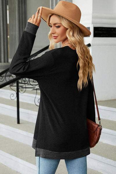 Slit V-Neck Long Sleeve T-Shirt - Trendsi - Flyclothing LLC