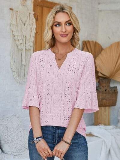 Eyelet Notched Half Sleeve T-Shirt - Trendsi - Flyclothing LLC