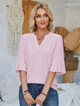 Eyelet Notched Half Sleeve T-Shirt - Trendsi - Flyclothing LLC