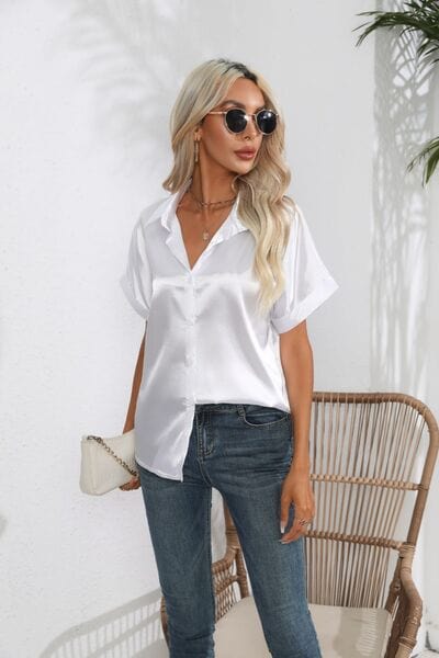 Collared Neck Short Sleeve Shirt - Trendsi