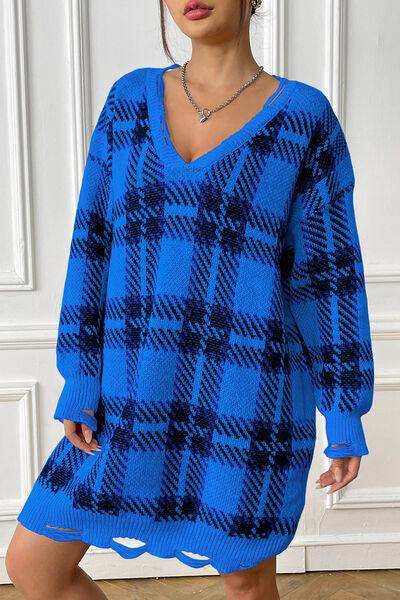 Plaid V-Neck Long Sleeve Sweater Dress - Trendsi - Flyclothing LLC
