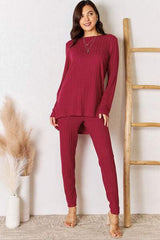 Basic Bae Full Size Ribbed Round Neck High-Low Slit Top and Pants Set - Trendsi - Flyclothing LLC
