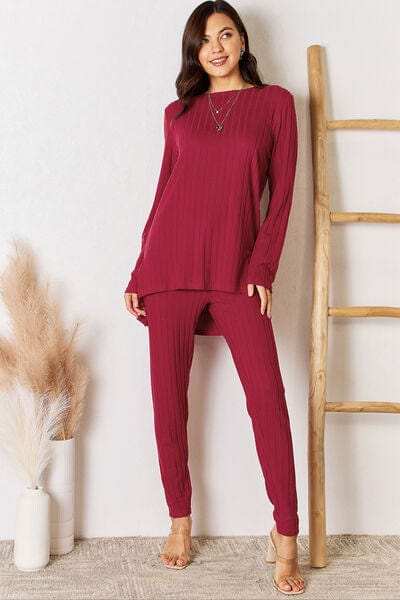 Basic Bae Full Size Ribbed Round Neck High-Low Slit Top and Pants Set - Trendsi - Flyclothing LLC