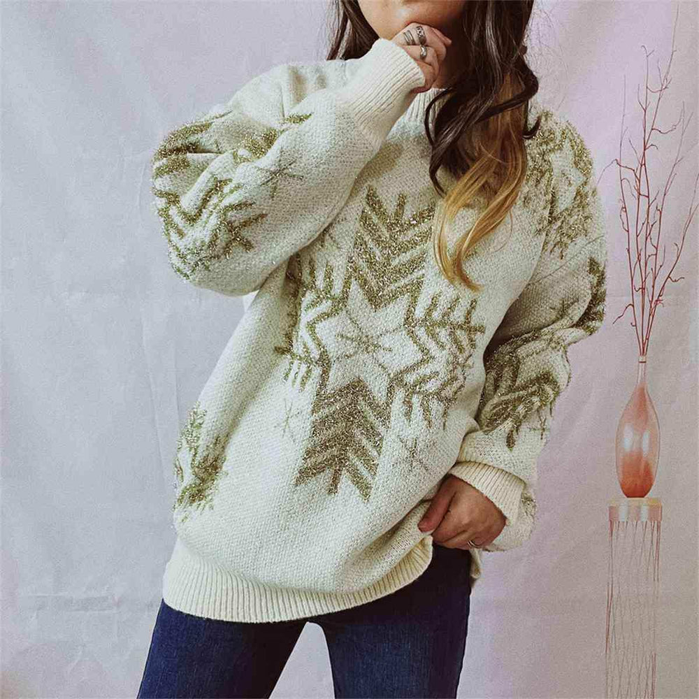 Snowflake Pattern Long Sleeve Sweater - Trendsi - Flyclothing LLC