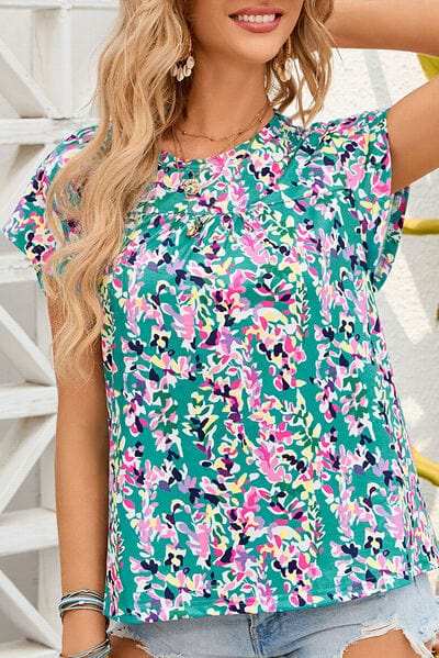 Printed Round Neck Cap Sleeve Blouse - Trendsi - Flyclothing LLC
