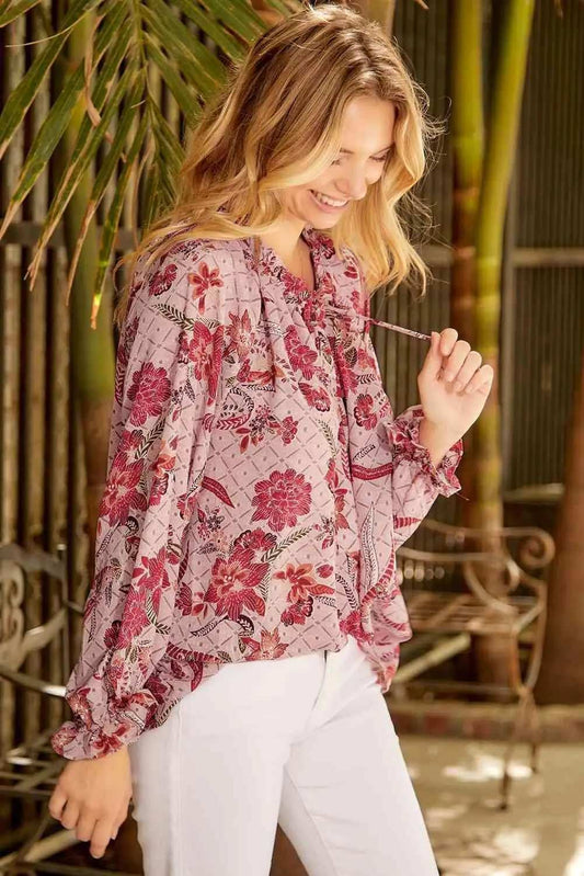 Floral Tie Neck Flounce Sleeve Blouse - Trendsi - Flyclothing LLC