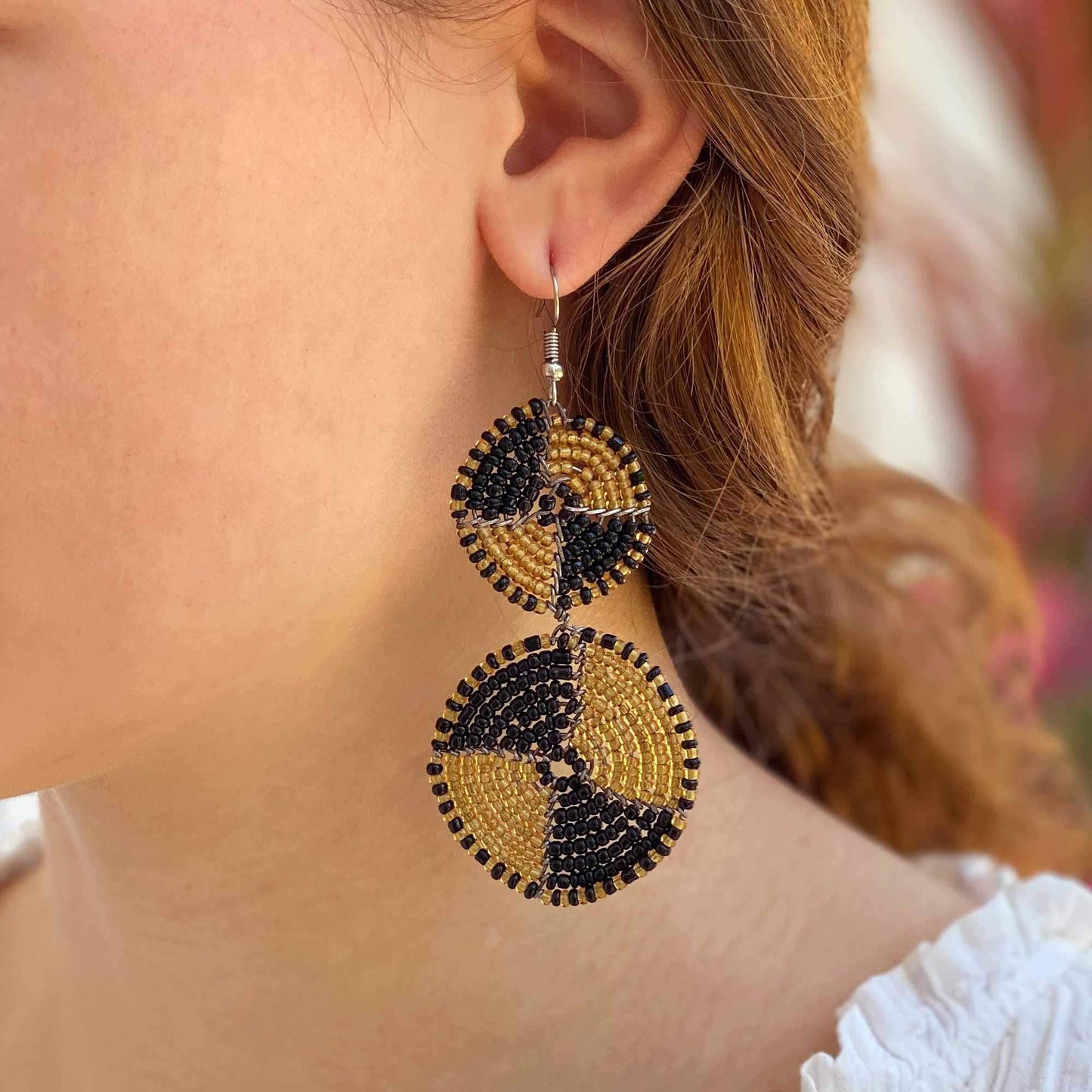 Maasai Bead Double Circle Dangle Earrings, Gold and Black - Jedando - Flyclothing LLC