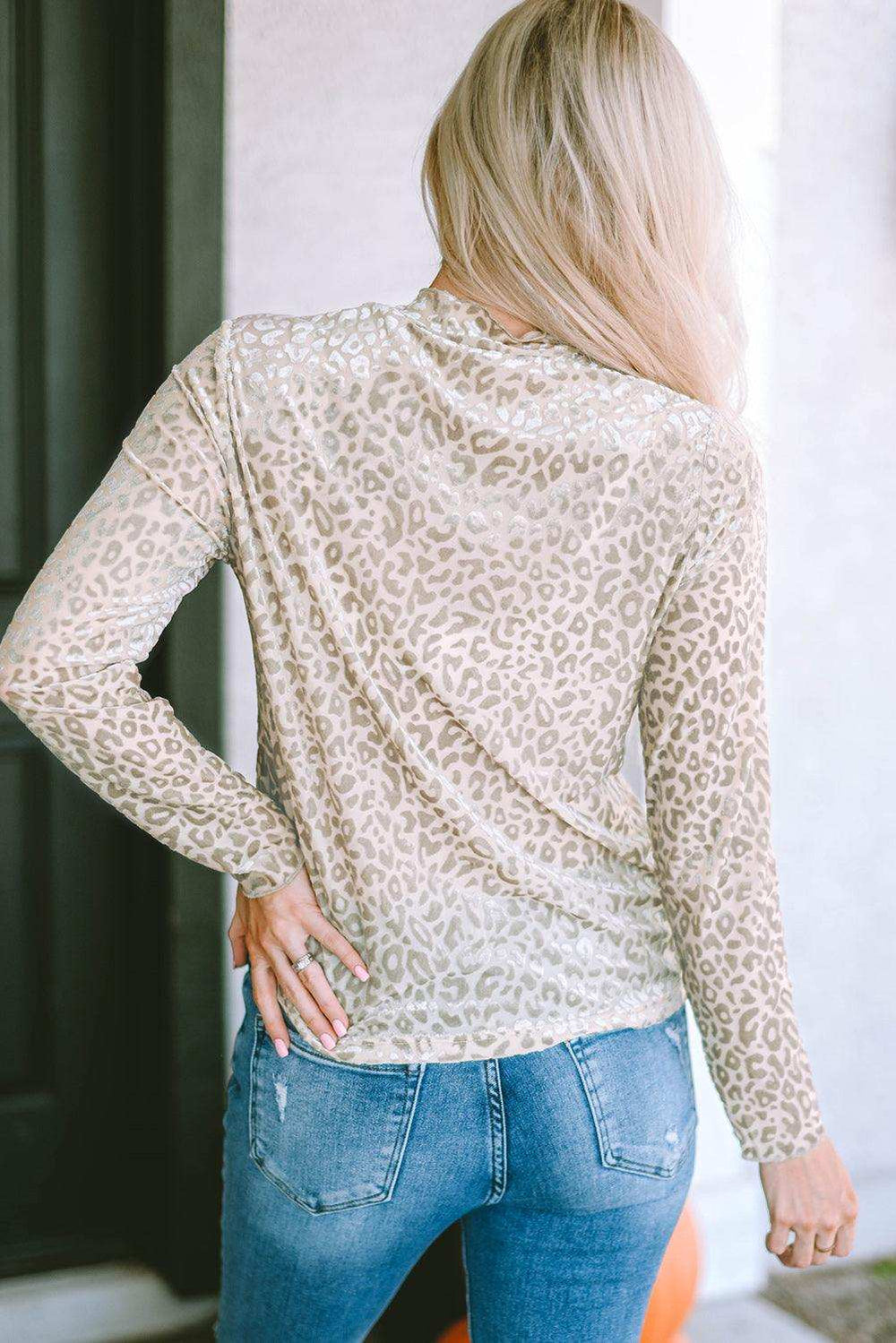 Round Neck Leopard Print Long Sleeve Tee - Trendsi - Flyclothing LLC