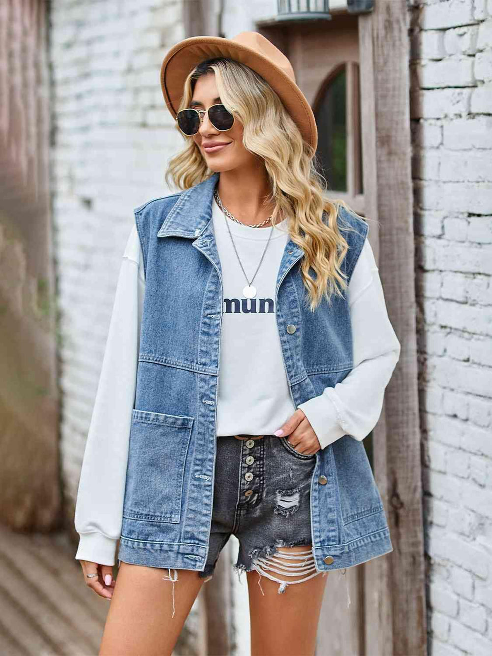 Button Front Sleeveless Denim Jacket - Trendsi