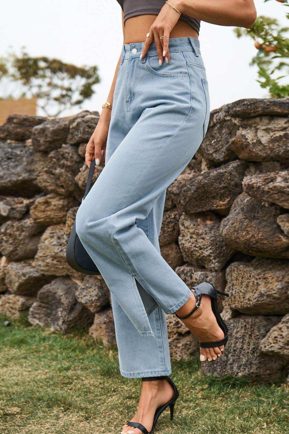 High Waist Loose Fit Ankle Slit Jeans - Trendsi - Flyclothing LLC