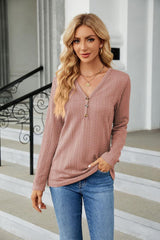 Cable-Knit Long Sleeve V-Neck T-Shirt - Trendsi