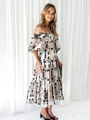 Printed Smocked Off-Shoulder Tiered Dress - Trendsi