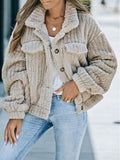 Fuzzy Button Up Collared Neck Jacket - Trendsi
