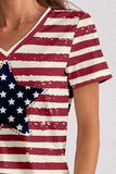 Striped V-Neck Short Sleeve T-Shirt - Trendsi - Flyclothing LLC