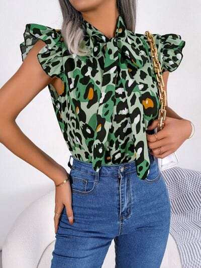 Leopard Tie Neck Cap Sleeve Blouse - Trendsi - Flyclothing LLC