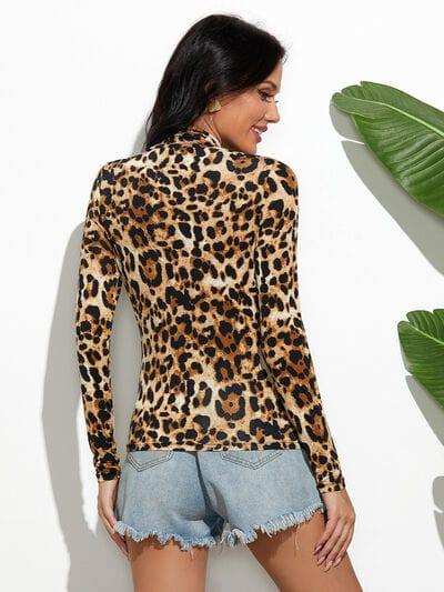 Leopard Mock Neck Long Sleeve T-Shirt - Trendsi - Flyclothing LLC
