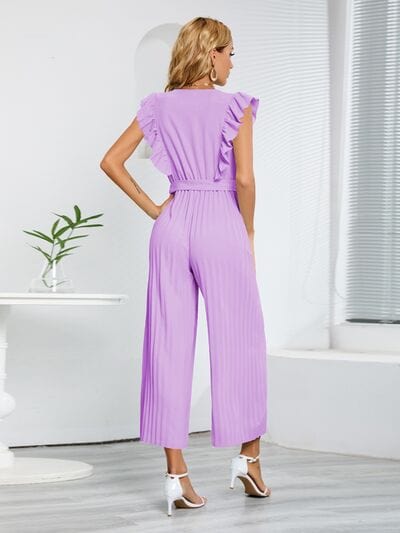 Ruffled Surplice Cap Sleeve Jumpsuit - Trendsi