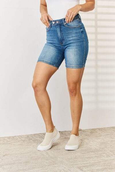 Judy Blue Full Size Tummy Control Double Button Bermuda Denim Shorts - Trendsi - Flyclothing LLC