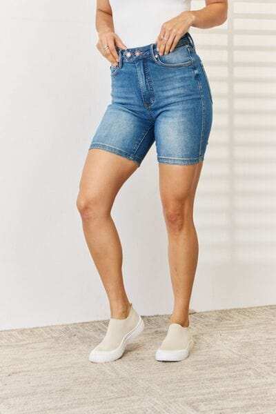 Judy Blue Full Size Tummy Control Double Button Bermuda Denim Shorts - Trendsi - Flyclothing LLC