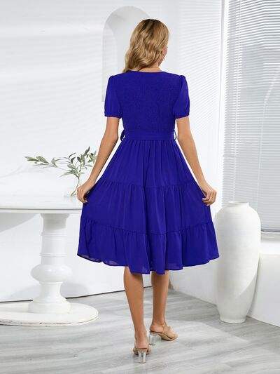 Smocked Tie Front Short Sleeve Tiered Dress - Trendsi - Flyclothing LLC