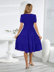 Smocked Tie Front Short Sleeve Tiered Dress - Flyclothing LLC