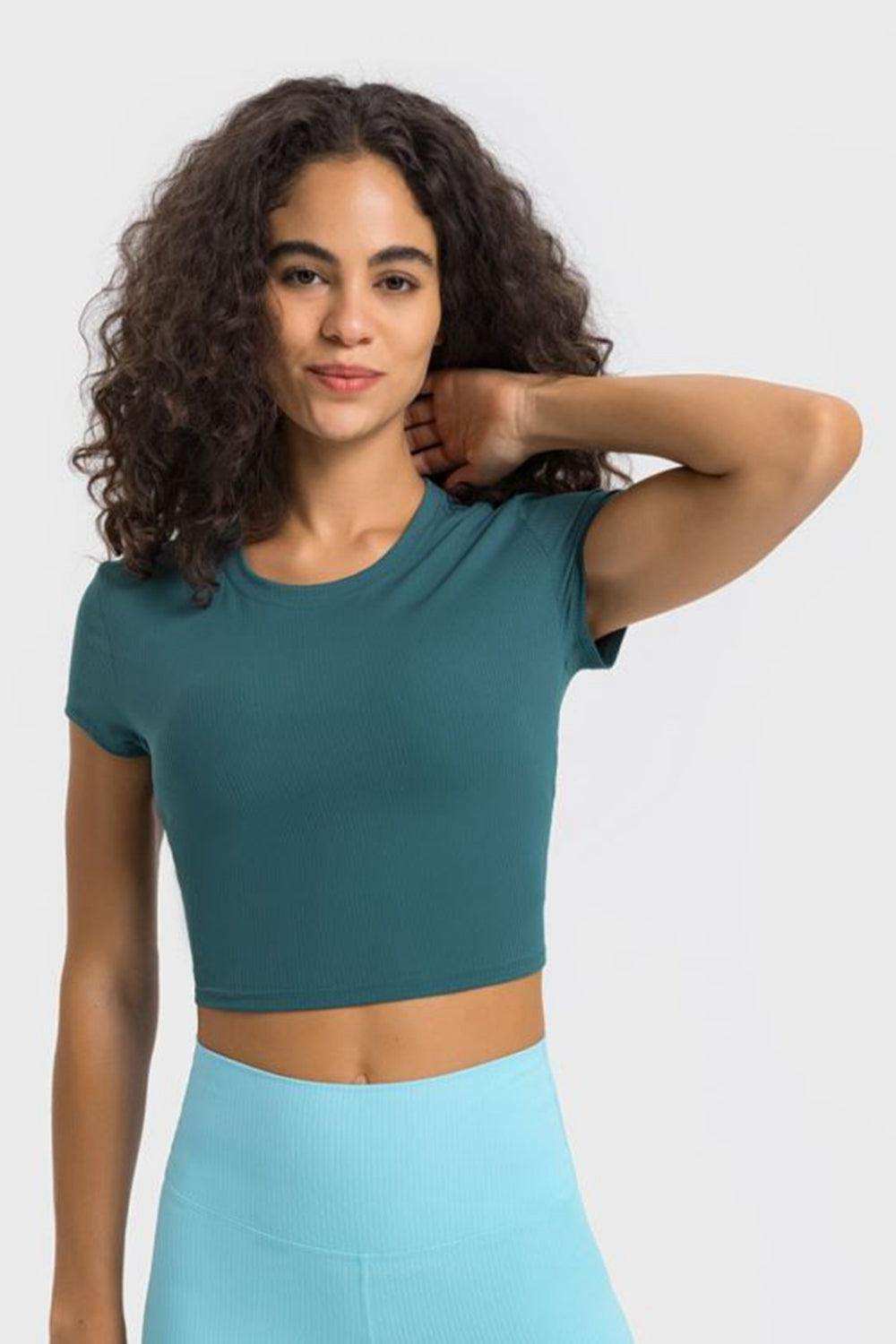 Round Neck Short Sleeve Cropped Sports T-Shirt - Trendsi - Flyclothing LLC