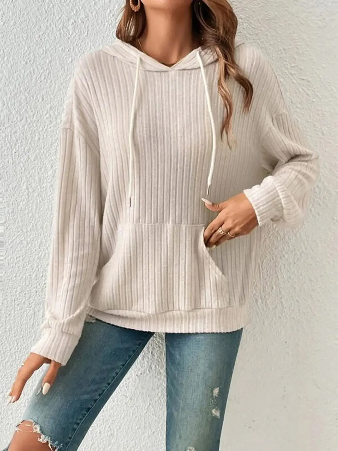 Ribbed Dropped Shoulder Drawstring Hoodie - Trendsi - Flyclothing LLC