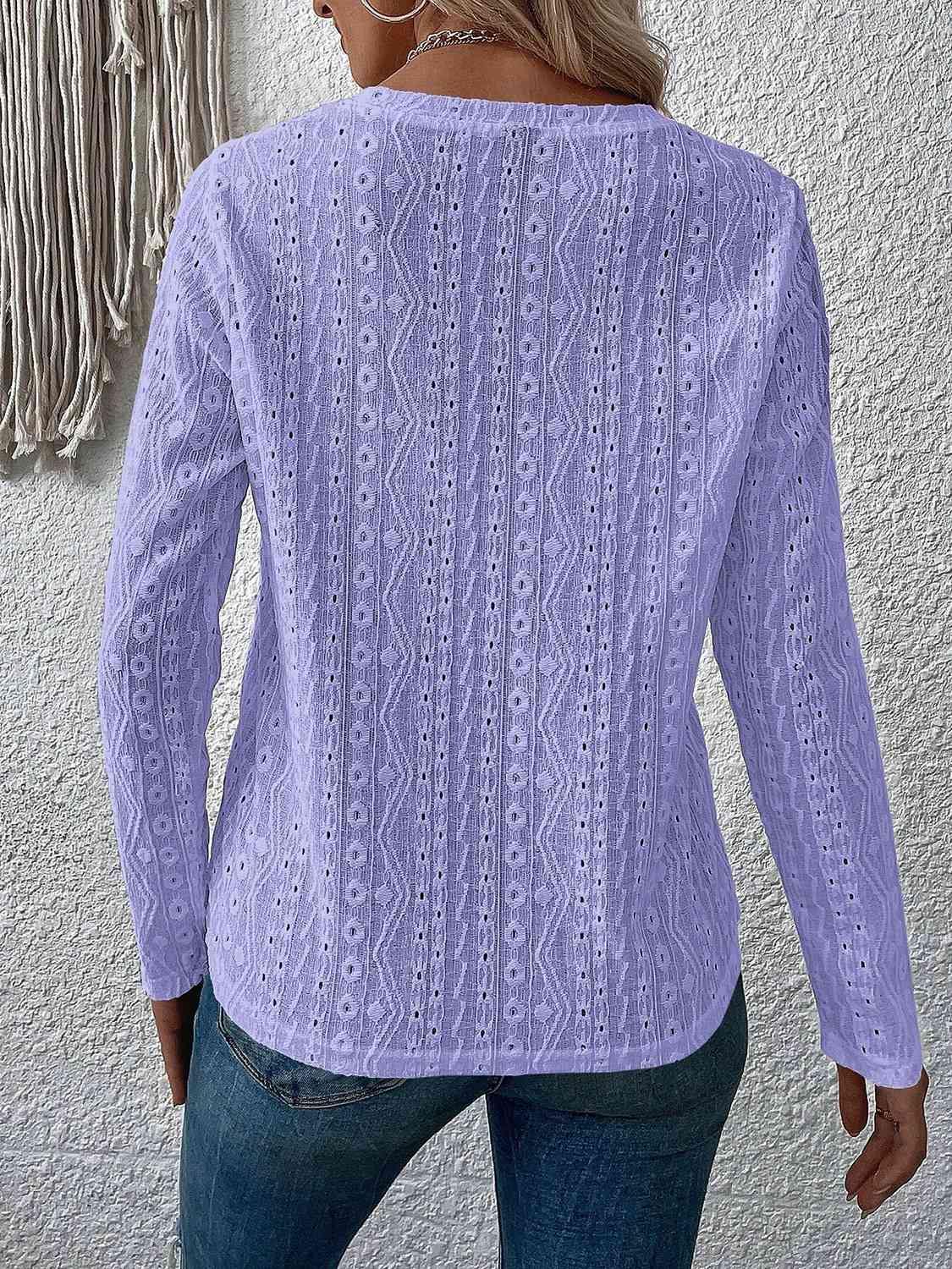 Eyelet Round Neck Long Sleeve Top - Trendsi