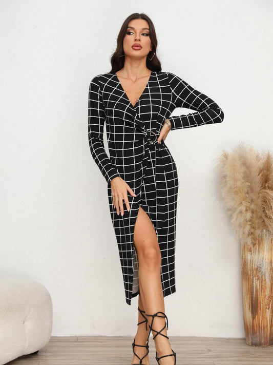 Plaid Long Sleeve Slit Dress - Trendsi