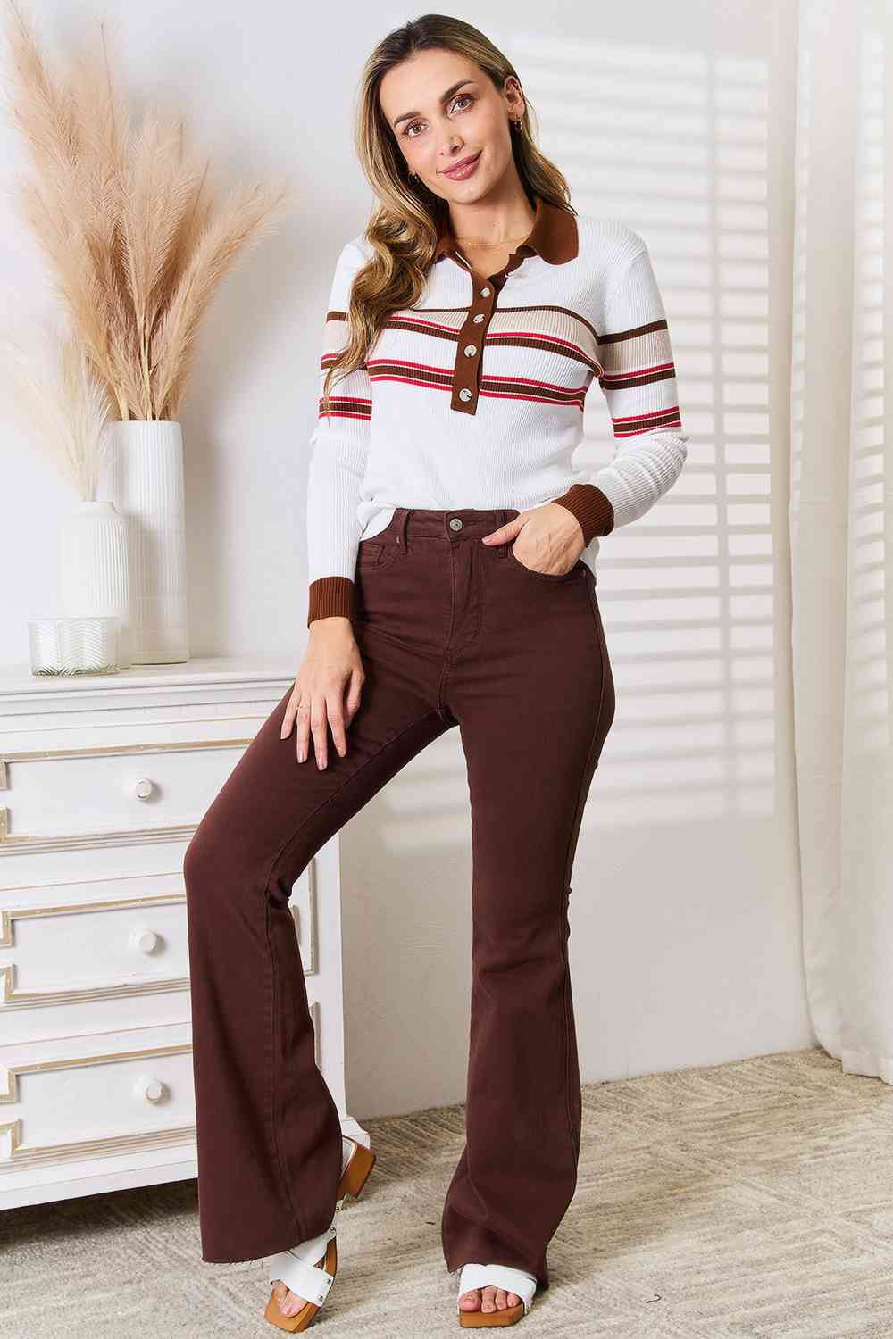 Basic Bae Striped Collared Neck Rib-Knit Top - Trendsi - Flyclothing LLC