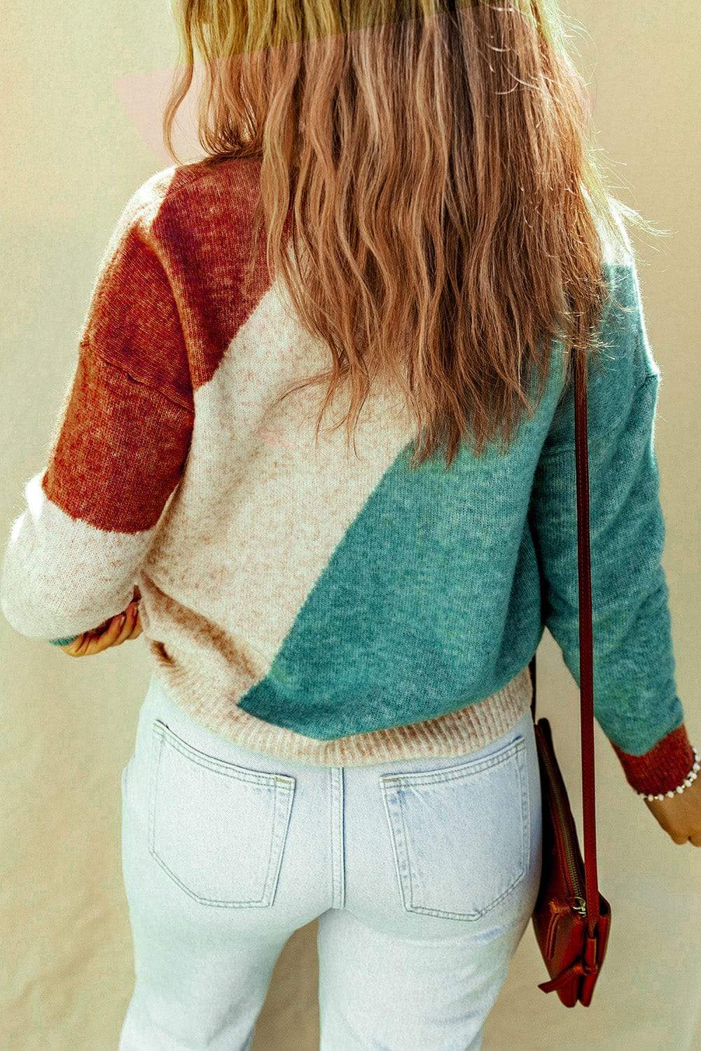 Color Block Round Neck Dropped Shoulder Pullover Sweater - Trendsi - Flyclothing LLC
