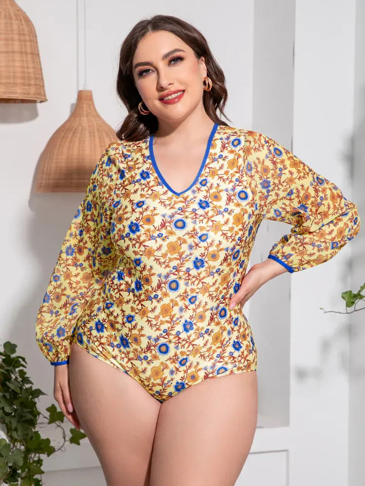 Plus Size Floral Open Back Long Sleeve One-Piece Swimsuit - Trendsi - Flyclothing LLC