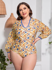 Plus Size Floral Open Back Long Sleeve One-Piece Swimsuit - Trendsi