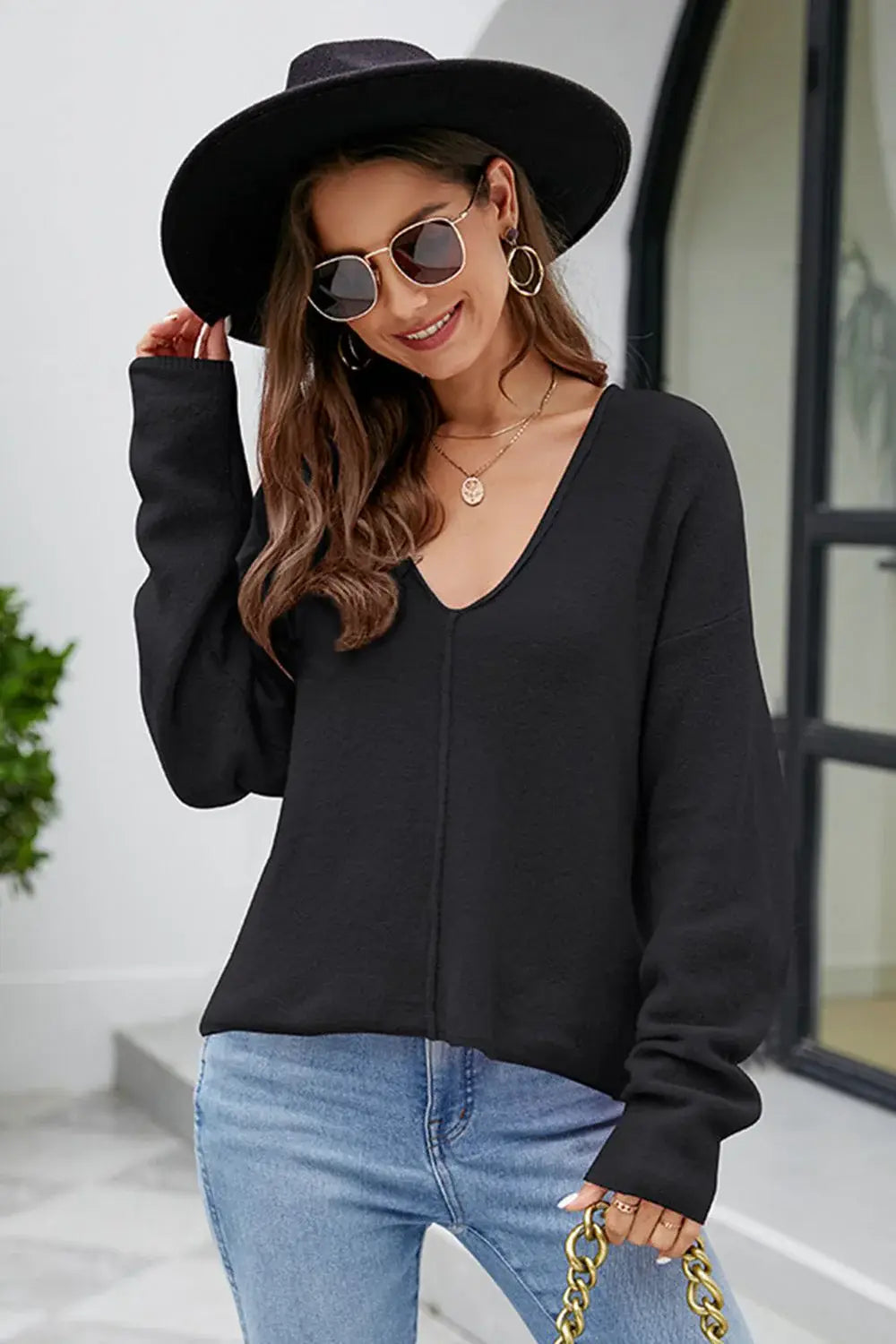 V-Neck Center Seam Sweater - Trendsi - Flyclothing LLC