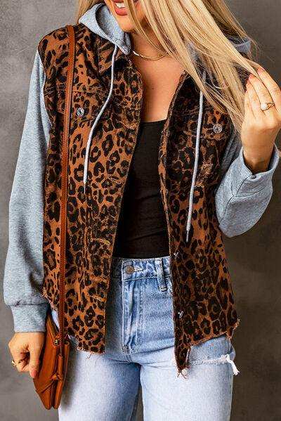 Leopard Distressed Drawstring Hooded Denim Jacket - Trendsi - Flyclothing LLC