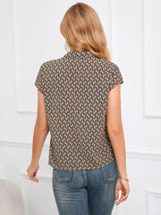 Tie Neck Printed Short Sleeve Blouse - Trendsi