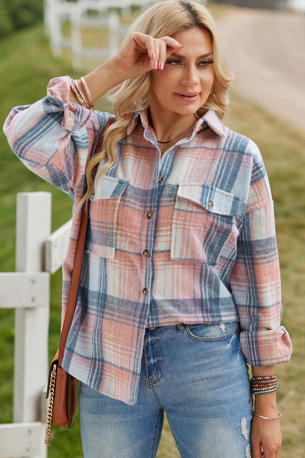 Plaid Dropped Shoulder Shacket - Trendsi