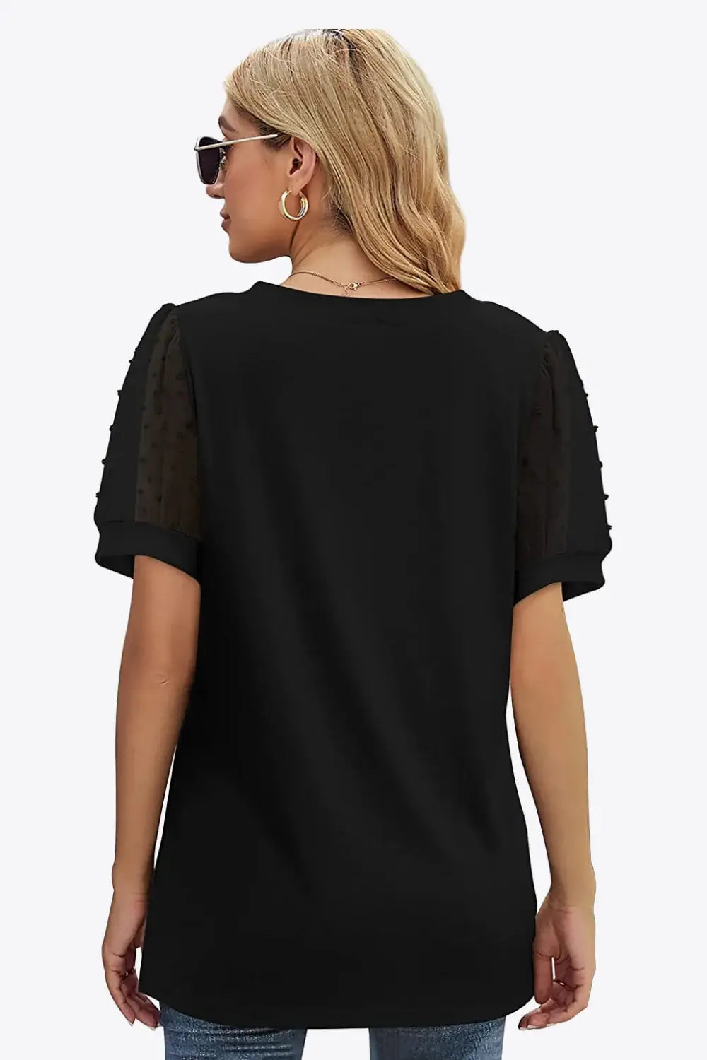 Swiss Dot Puff Sleeve V-Neck Tee - Trendsi - Flyclothing LLC
