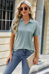 Pocketed Johnny Collar Short Sleeve Blouse - Trendsi - Flyclothing LLC